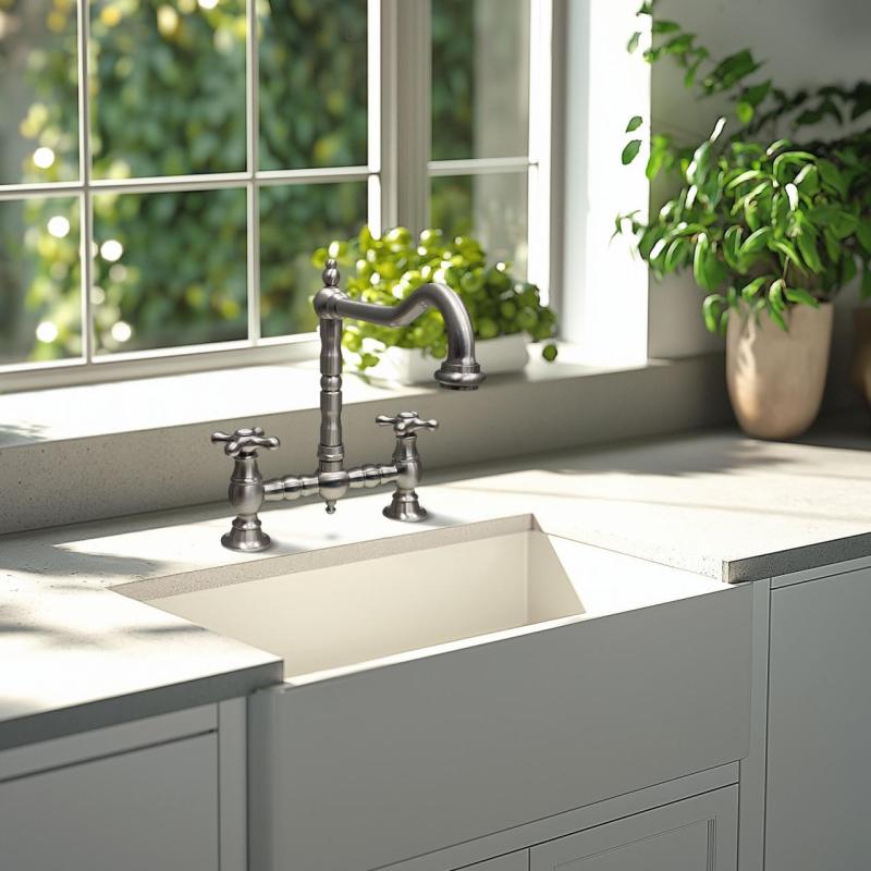 PB Nostalgijska mostovna kuhinjska pipa iz nerjavečega jekla s pravokotnim izlivom in zvezdastimi ročaji PBN.RVS.H.ST