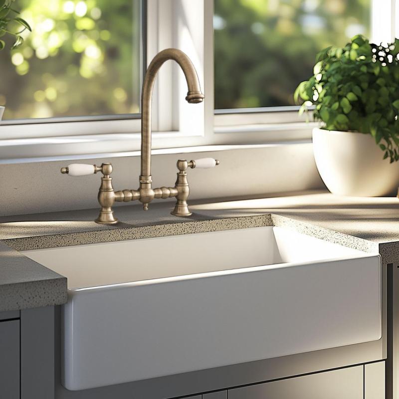 PB Nostalgijska kuhinjska pipa za most Bronasta okrogla izliv s belimi ročaji PBN.BRO.R.WH