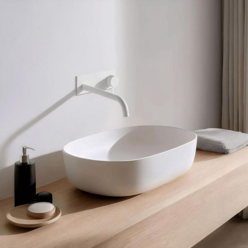 Vgradna pipa za umivalnik Waterevolution Flow z belo mat pokrivno ploščo in izlivom 25cm T1161BBR-25