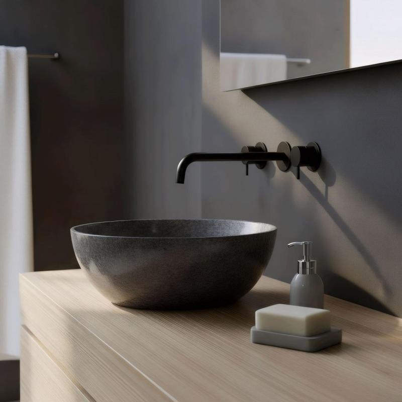 Waterevolution Flow 3-luknjasta vgradna pipa za umivalnik, mat črna, z izlivom 25 cm T1163FPR-25