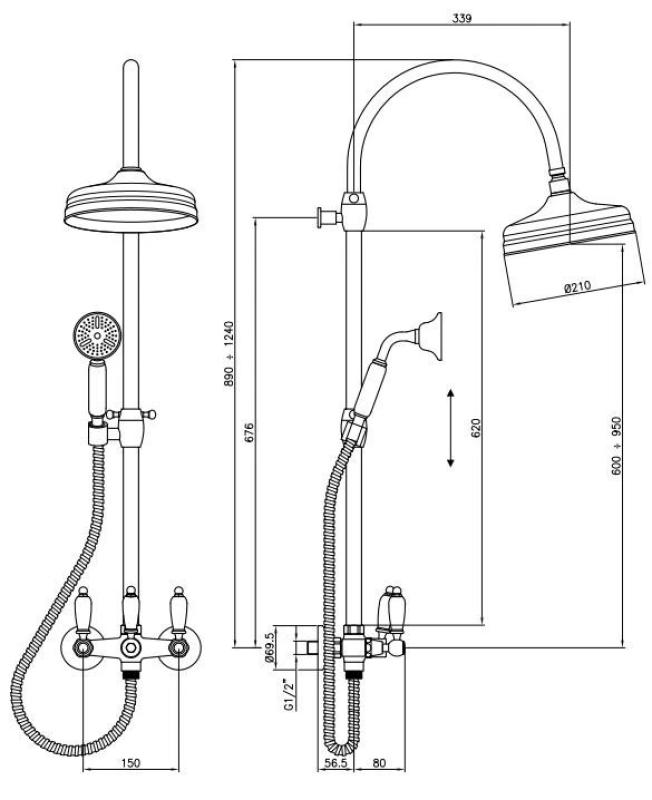 PB klasični tuš set z nadglavno prho, teleskopski tuš drog, bronasta 1208854882