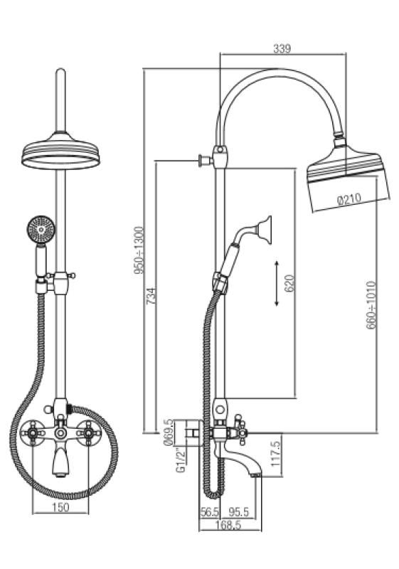 PB klasični kopalniški tuš set z dežno prho, zvezdasti gumbi, bron 1208855872