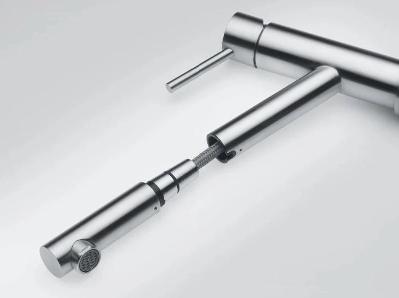 Franke Orbit masivna nerjaveča jeklena nizka kuhinjska pipa z izvlečno izlivno cevjo inox 115.0569.461