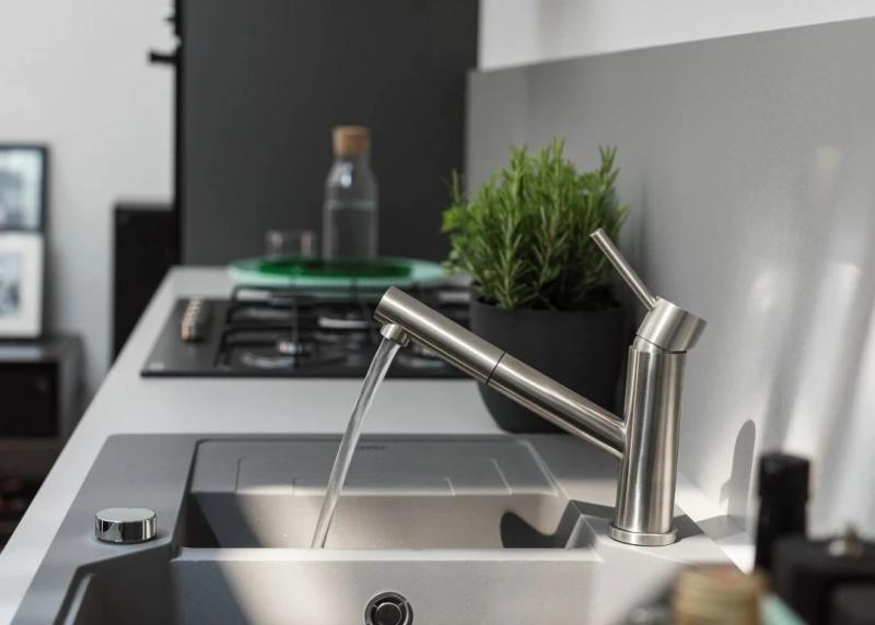 Franke Orbit masivna nerjaveča jeklena nizka kuhinjska pipa z izvlečno izlivno cevjo inox 115.0569.461