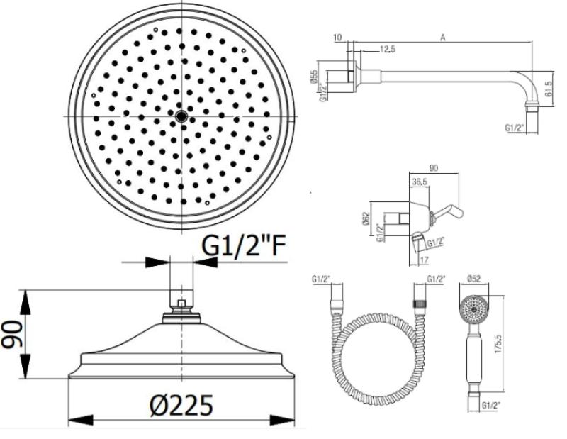 PB classic nostalgična klasična vgradna pršna garnitura krom z ročno prho in dežno prho 225mm 1208953841