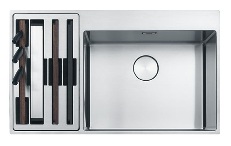 Franke Box Center BWX220-54-27 inox pomivalno korito desno s desko za rezanje, setom nožev in žično košaro 86x51cm 127.0587.644