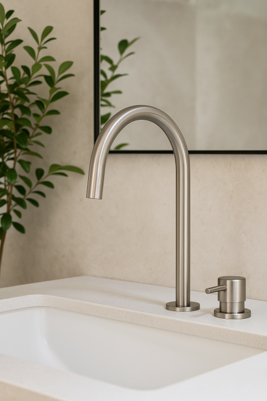 Waterevolution Flow 2-luknjasta umivalna pipa, v celoti iz nerjavečega jekla, z visokim izlivom U 200 mm T1122UIE