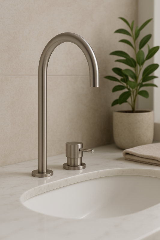 Waterevolution Flow 2-luknjasta umivalna pipa, v celoti iz nerjavečega jekla, z visokim izlivom U 200 mm T1122UIE