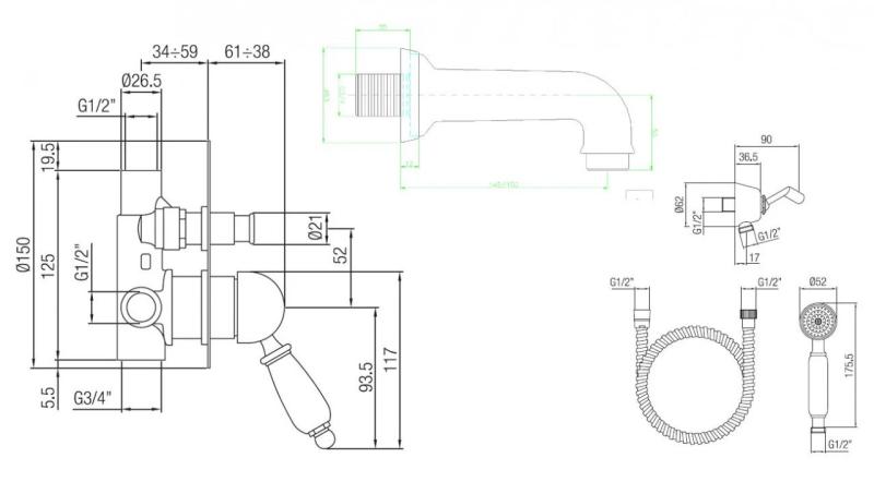 PB nostalgični vgradni set za kopalnico Bronasta
