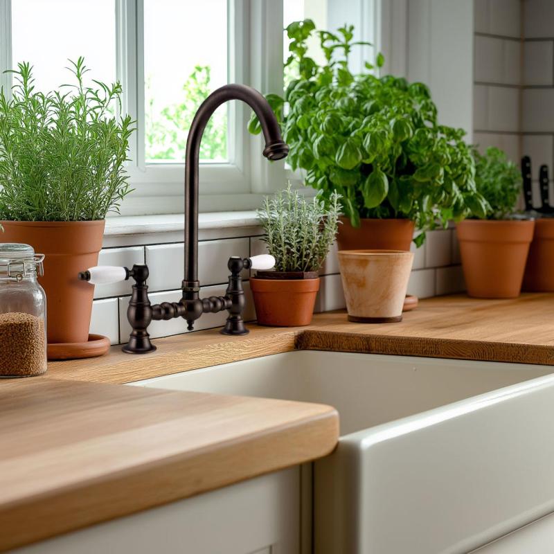 PB Nostalgijska kuhinjska pipa temno bakrena z okroglo izlivko in belimi ročaji 1208954666