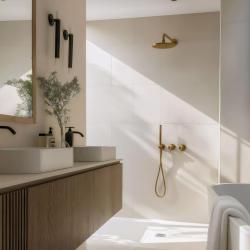 Waterevolution Flow vgrajeni tuš set s termostatsko prho, deževno prho in ročno prho, brušeni medenini