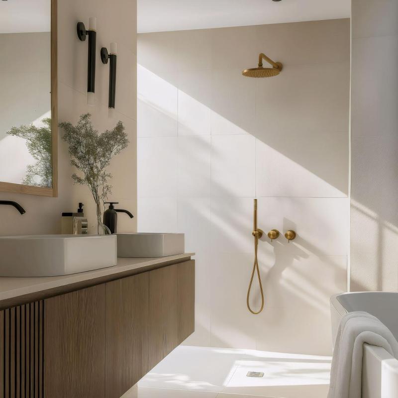 Waterevolution Flow vgrajeni tuš set s termostatsko prho, deževno prho in ročno prho, brušeni medenini