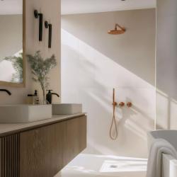 Waterevolution Flow vgradni tuš set s termostatom, dežno prho in ročno prho iz brušenega bakra PVD