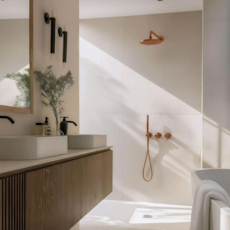 Waterevolution Flow vgradni tuš set s termostatom, dežno prho in ročno prho iz brušenega bakra PVD