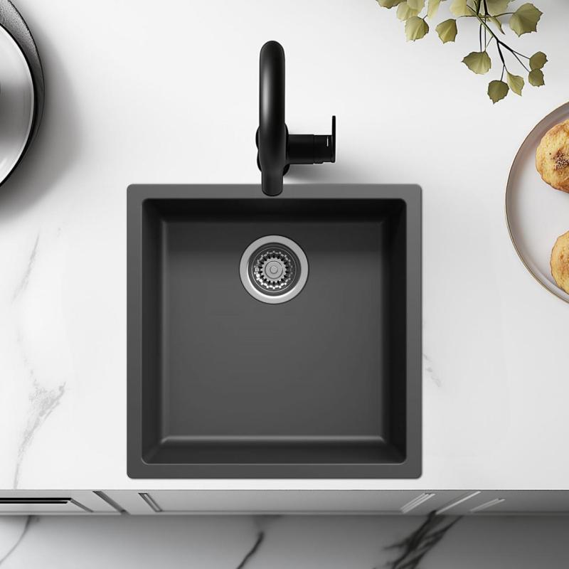 Črno korito 40x40 cm za vgradnjo, nadgradnjo in ravno vgradnjo z nerjavečim čepom 1208956390
