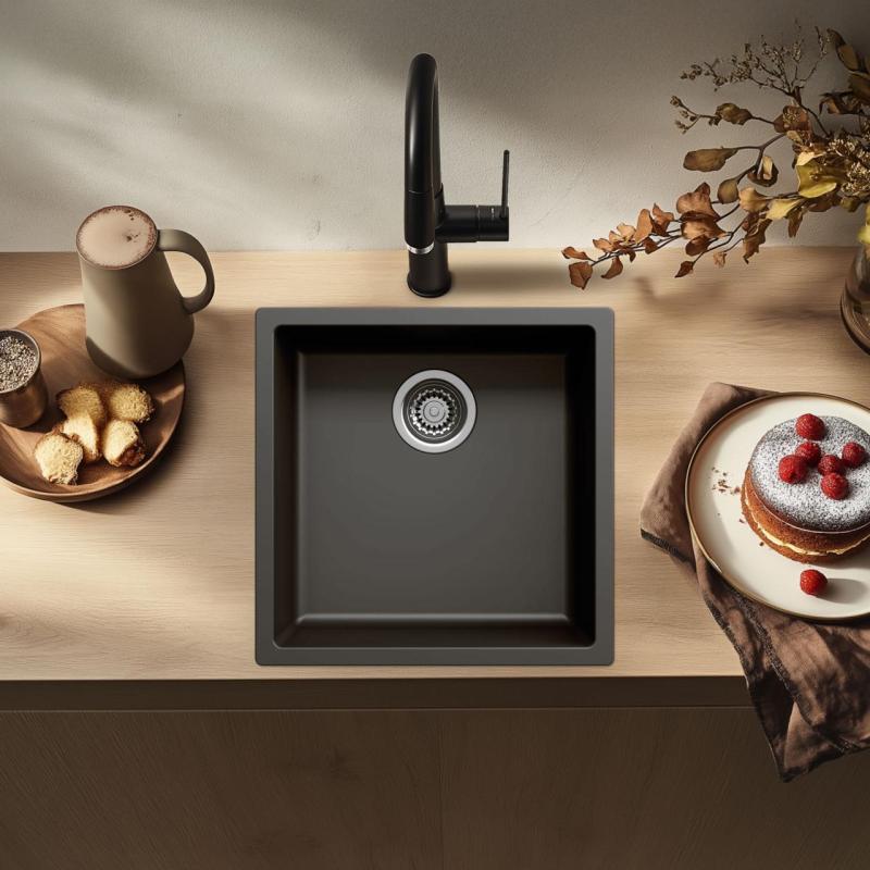 Črno korito 40x40 cm za vgradnjo, nadgradnjo in ravno vgradnjo z nerjavečim čepom 1208956390