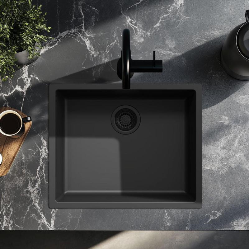 Zwarte spoelbak 50x40cm onderbouw opbouw en vlakbouw met zwarte plug 1208956396