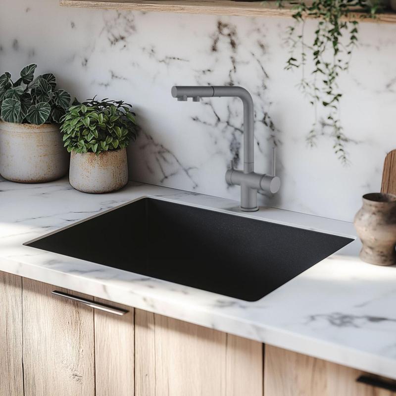 Zwarte spoelbak 50x40cm onderbouw opbouw en vlakbouw met zwarte plug 1208956396