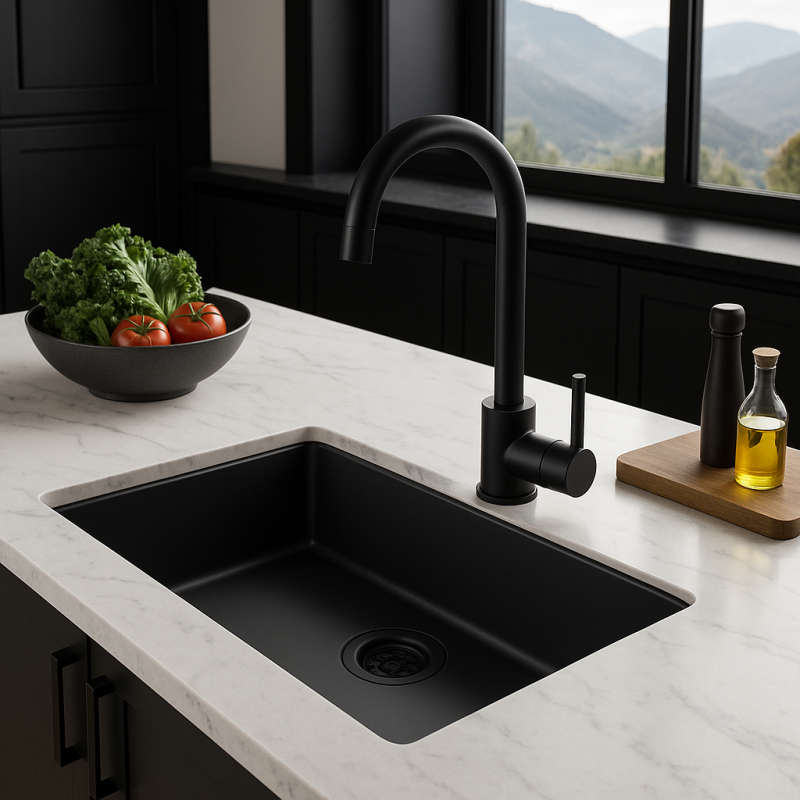 Zwarte grote spoelbak 70x40cm, onderbouw, opbouw en vlakbouw met zwarte plug 1208956401