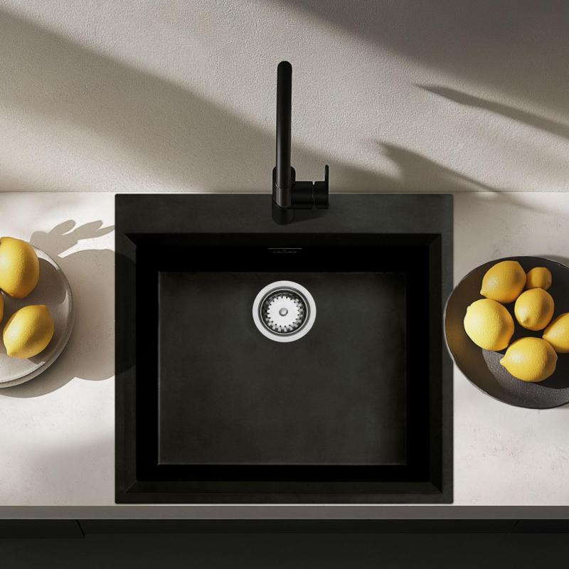 Črna vgradna pomivalna korita 58x53cm z odprtino za pipo in nerjavečim pokrovom 1208956732