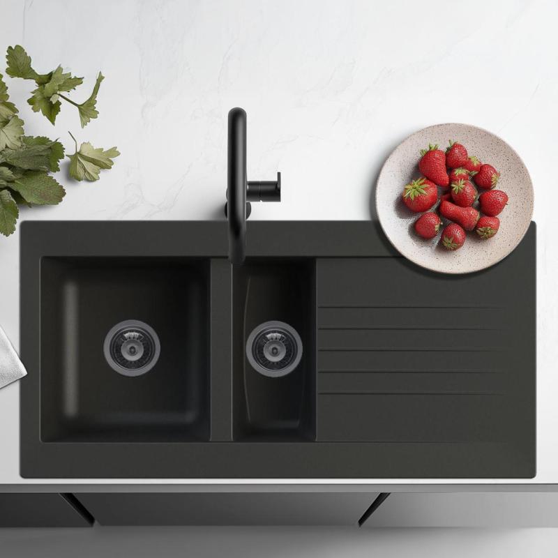 Ausmann Fibre 1,5 črna plastična pomivalna korita, obojestranska, z odkapnim koritom, 100 x 50 cm 1208956783