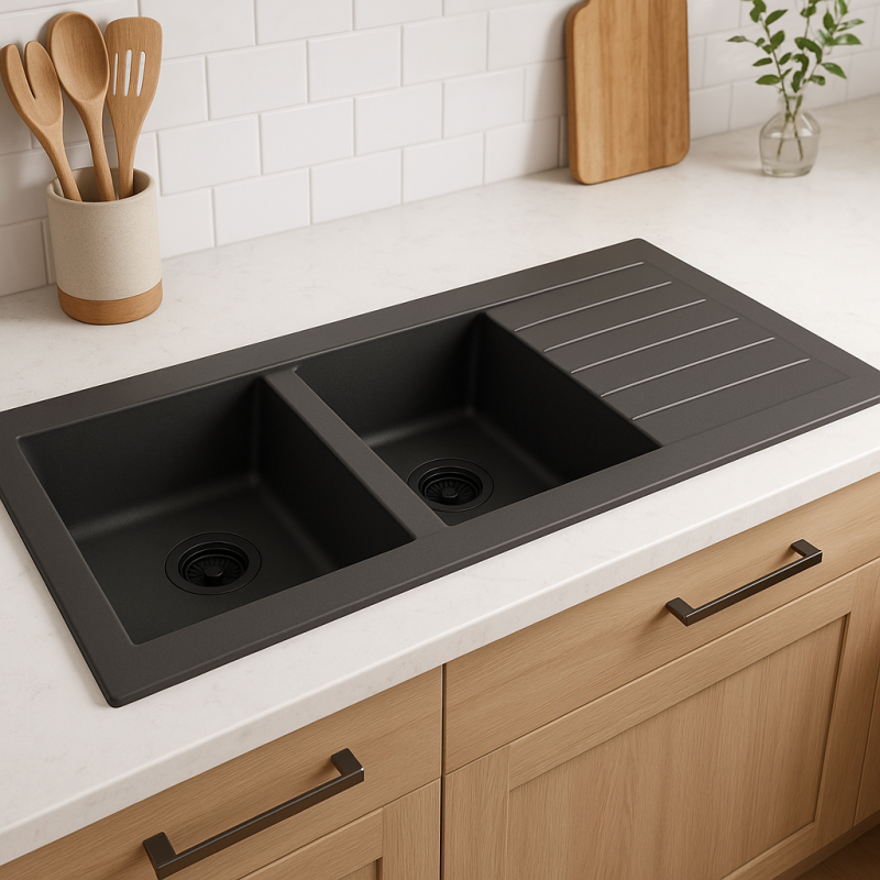Ausmann Fibre dvojno črno plastično pomivalno korito, reverzibilno z odcejalnikom, nadgradnja 116x50 cm s črnim čepom 1208956790