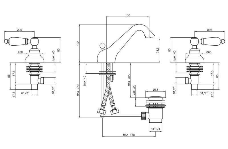 PB klasična pipa 3 odprtine nizka umivalniška pipa Bele ročice Krom 1208956906