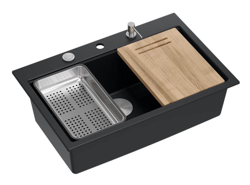 Quadri mat črna trda kamnita granitna vgradna velika pomivalno korito 76x50cm vključno s priborom 1208957201