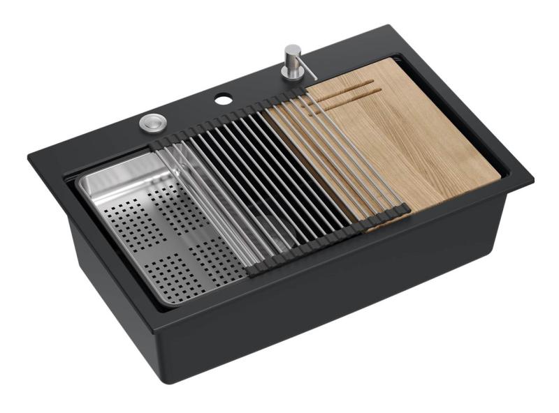 Quadri mat črna trda kamnita granitna vgradna velika pomivalno korito 76x50cm vključno s priborom 1208957201