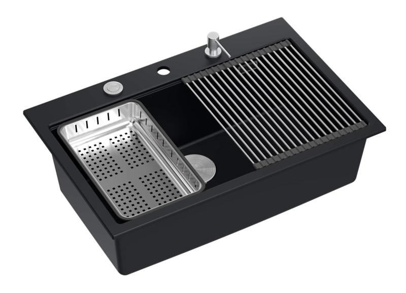 Quadri mat črna trda kamnita granitna vgradna velika pomivalno korito 76x50cm vključno s priborom 1208957201