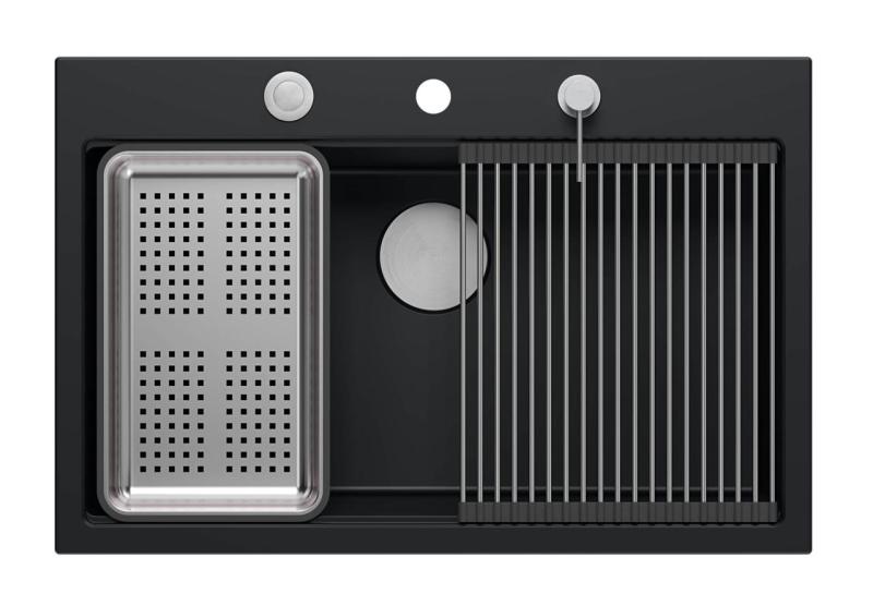 Quadri mat črna trda kamnita granitna vgradna velika pomivalno korito 76x50cm vključno s priborom 1208957201