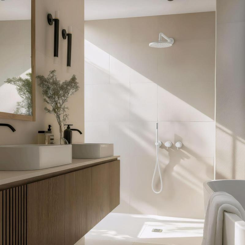 Waterevolution Flow vgradni tuš set, mat bela barva, s termostatom, deževnim tušem in ročnim tušem 1208957344