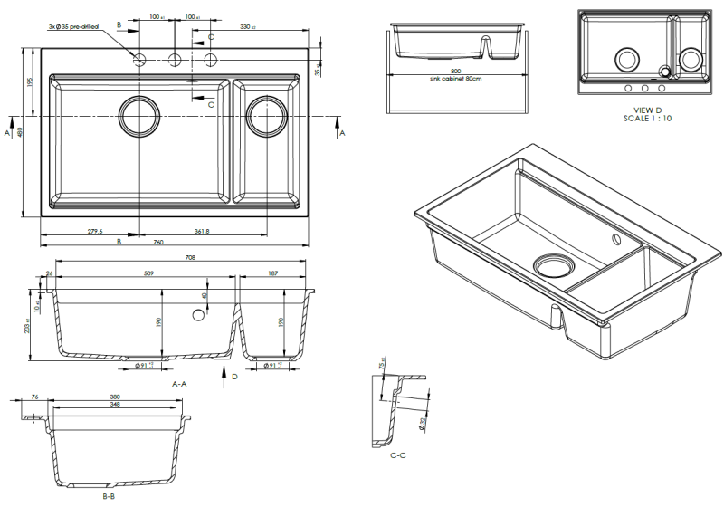 GraniteMy Limited velika 1,5 granitna nadgradna in podgradna črna pomivalna korita z dodatkom, 76x48 cm 1208957389