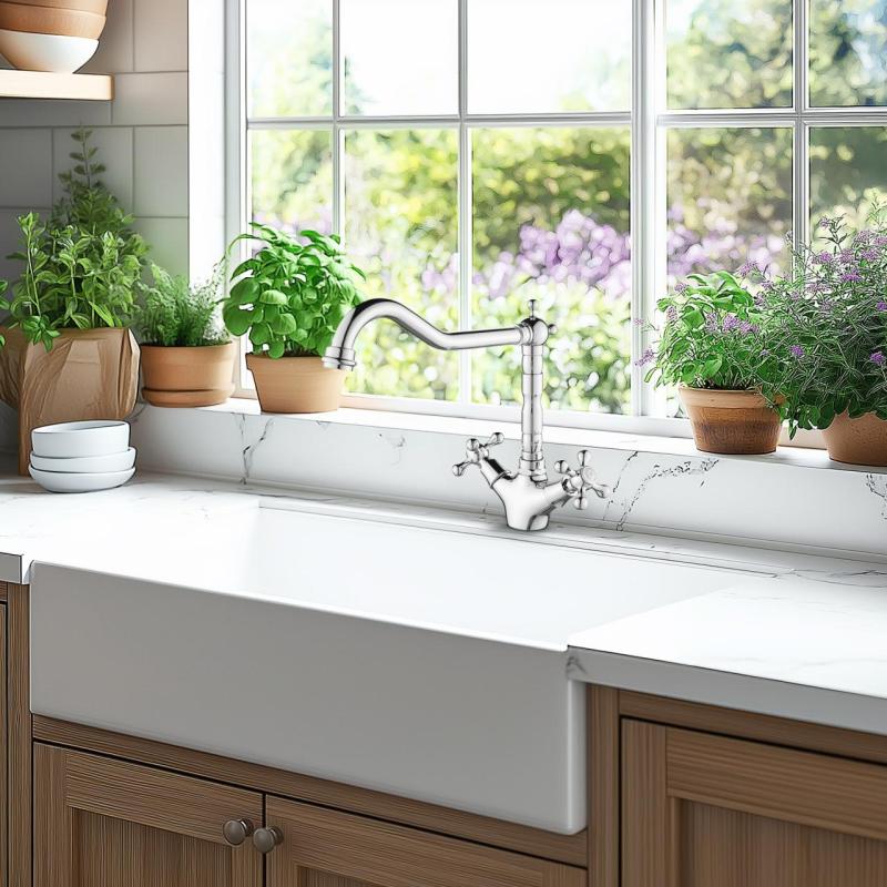 AquaTrimo Windsor klasična kuhinja nostalgična kuhinjska pipa s kotnim izlivom krom 21WS7531CM