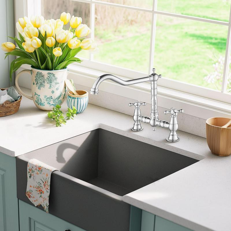 AquaTrimo Windsor 2-luknjasta klasična kuhinjska nostalgična mostna kuhinjska pipa z kotnim izlivom krom 21WS7653CM