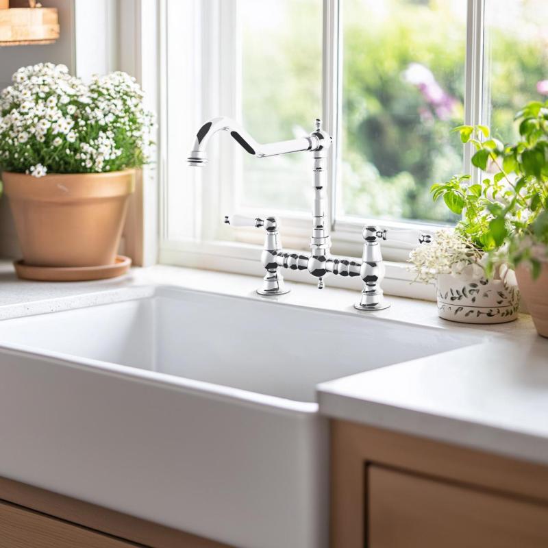 AquaTrimo Country 2-luknjičasta klasična kuhinjska nostalgična mostna pipa z kotnim izlivom, krom 21CT7657CM