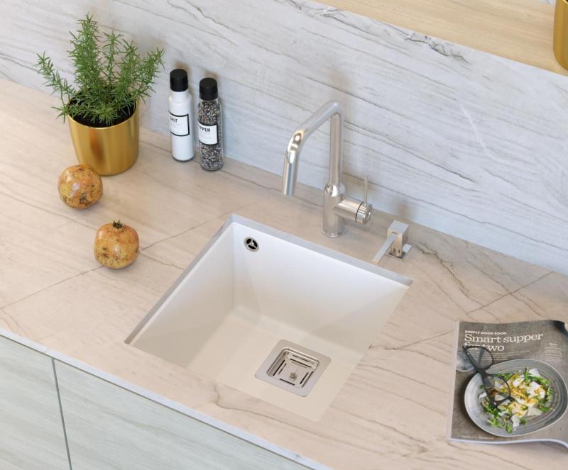 Quadri Quadrangle bela granitna podvgradnja pomivalnega korita 42x42 cm z nerjavečim jeklenim čepom 1208957886