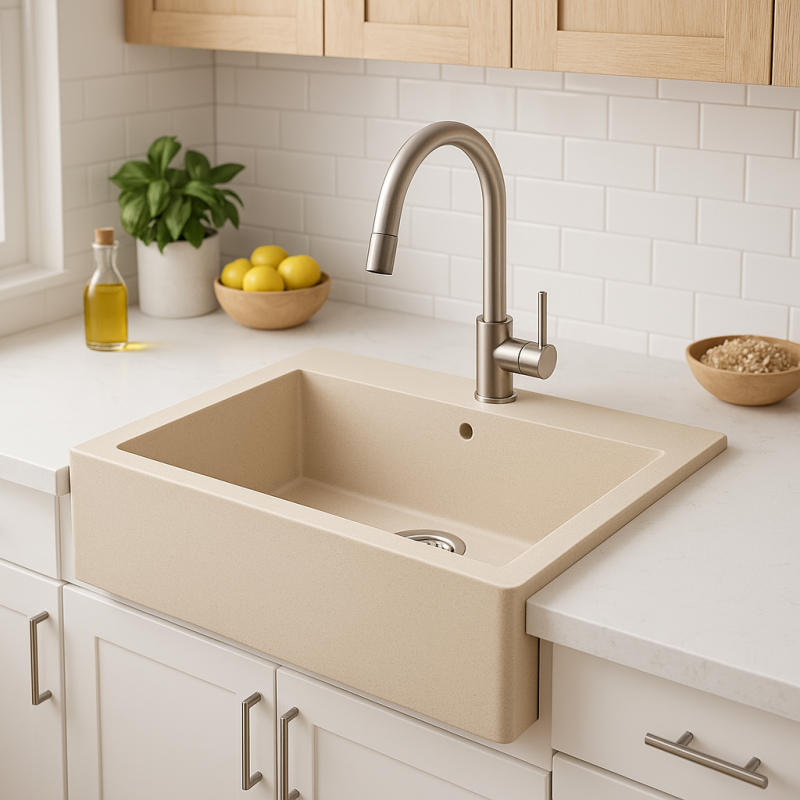 Aquadesign Kmečka hiša med ali na granitno pomivalno korito bež pesek 58x49cm 1208958164