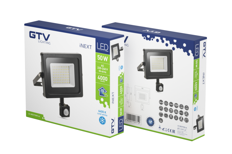 LED reflektor iNEXT z detektorjem gibanja 50W 4000lm, PF>0,9, RA>80, IP65, 120°, 6400K, črno ohišje 1208962862