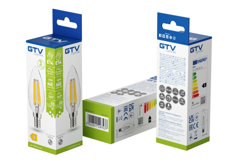 VIR LED, FILAMENT, A-G, C35, 4000K, E14, 5,8W, AC220-240V, 360°, 640lm, 50mA 1208966965