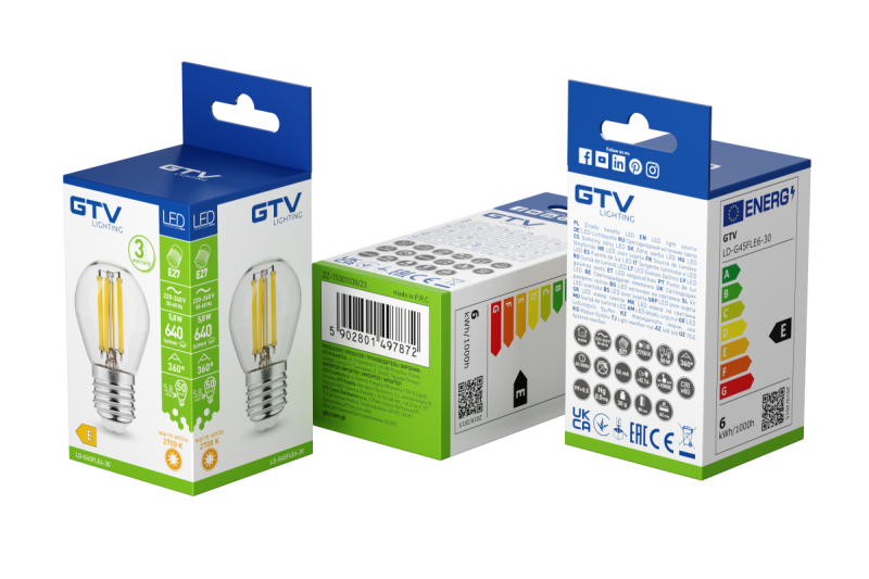 VIR LED, FILAMENT, A-G, G45, 2700K, E27, 5,8W, AC220-240V, 360°, 640lm, 50mA 1208966966