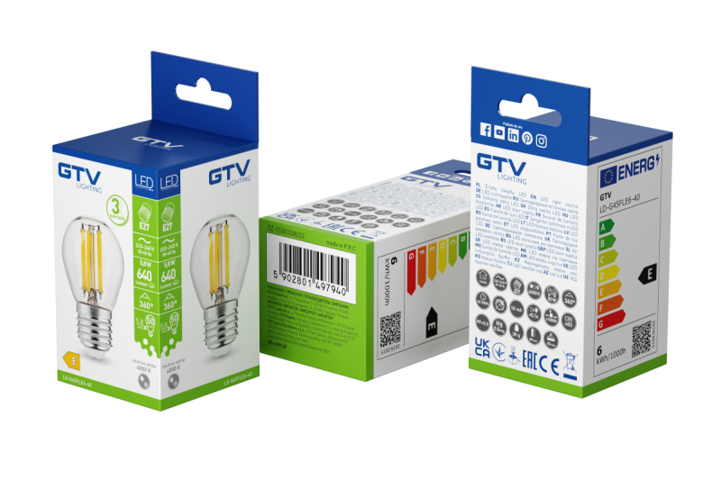 VIR LED, FILAMENT, A-G, G45, 4000K, E27, 5,8W, AC220-240V, 360°, 640lm, 50mA 1208966967