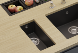 GraniteMy Universele granieten kleine zwarte spoelbak 17x40 cm zwart, opbouw, onderbouw en vlakbouw met rvs plug 1208967105