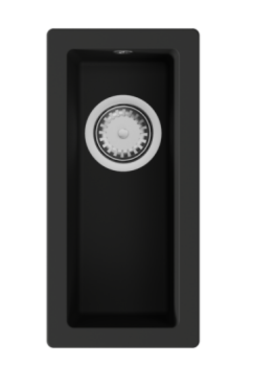 GraniteMy Universele granieten kleine zwarte spoelbak 17x40 cm zwart, opbouw, onderbouw en vlakbouw met rvs plug 1208967105