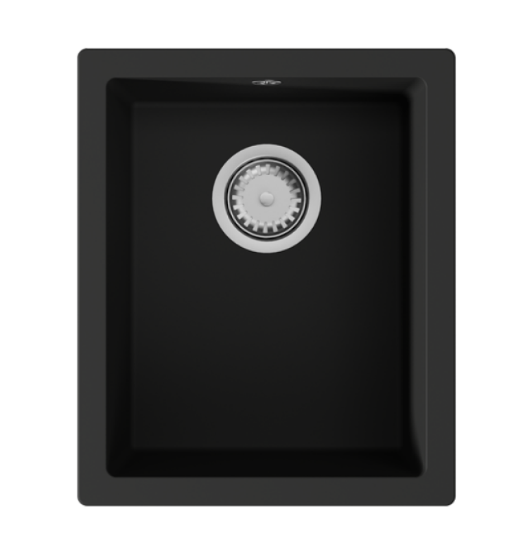 GraniteMy Universele granieten zwarte spoelbak 34x40 cm, črna, za vgradnjo na pult, pod pult in v ravnini s pultom, z nerjavečim jeklenim čepom 1208967106