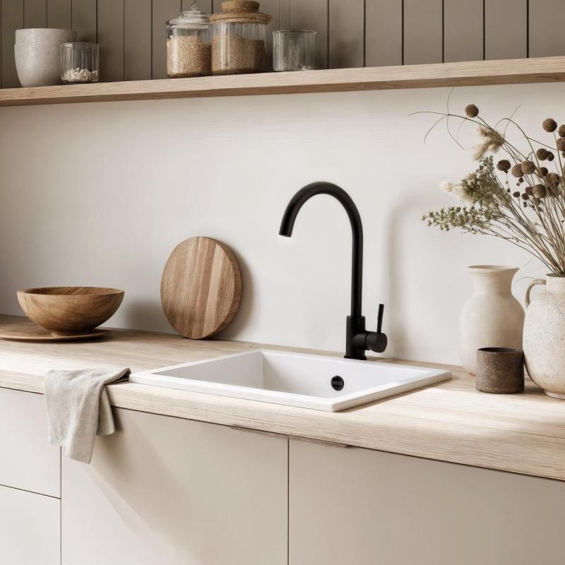 GraniteMy Universele granieten witte spoelbak 34x40 cm, wit, opbouw, onderbouw en vlakbouw, met roestvrijstalen plug 1208967107