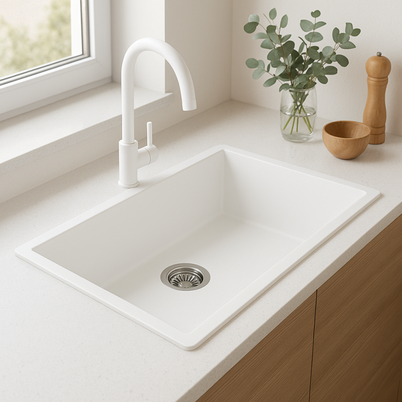 GraniteMy Universele grote witte granieten spoelbak 74x40 cm wit, opbouw, onderbouw en vlakbouw met RVS plug 1208967111