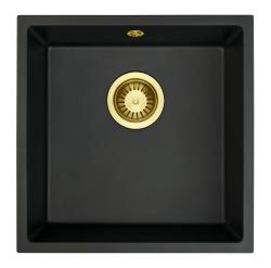 GraniteMy Universele granieten zwarte spoelbak 40x40 cm, zwart, opbouw, onderbouw en vlakbouw met gouden plug 1208967113