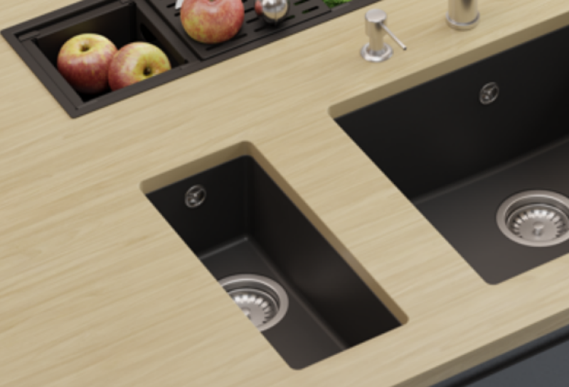 GraniteMy Universele granieten kleine zwarte spoelbak 17x40 cm zwart opbouw, onderbouw en vlakbouw met zwarte plug 1208967140