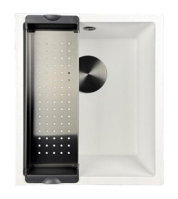 GraniteMy Universele granieten witte spoelbak 34x40 cm, wit, opbouw, onderbouw en vlakbouw met črni čep 1208967147